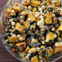 roasted kabocha squash and chickpea salad with tahini, scallions and black sesame seeds from Eats Well With Others