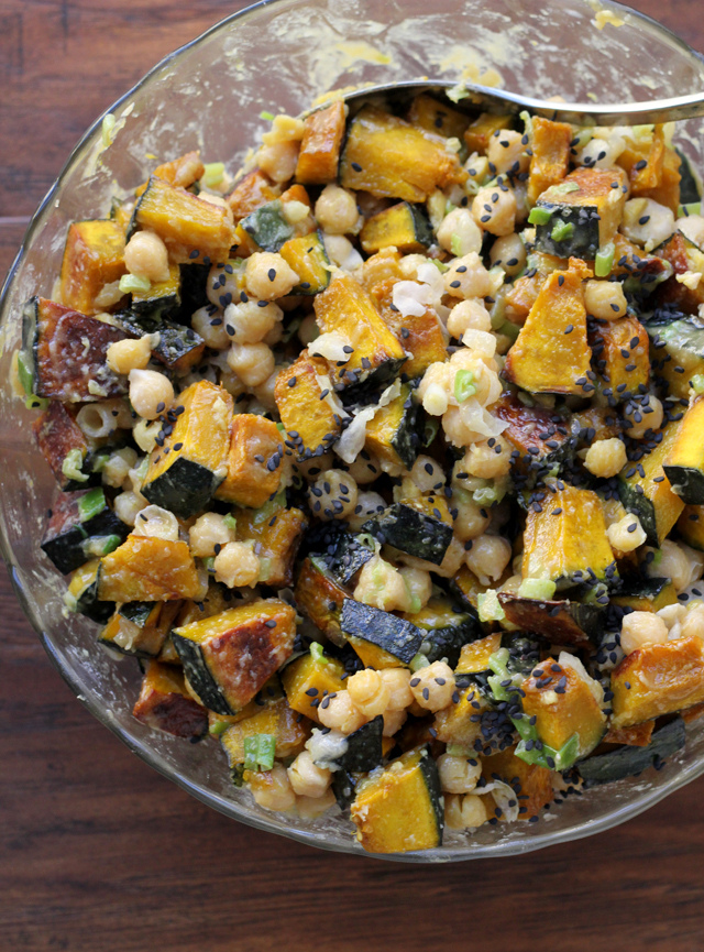 roasted kabocha squash and chickpea salad with tahini, scallions and black sesame seeds from Eats Well With Others