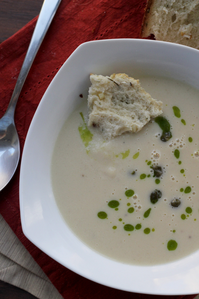 cauliflower soup with chive oil and spicy garlic bread from Eats Well With Others