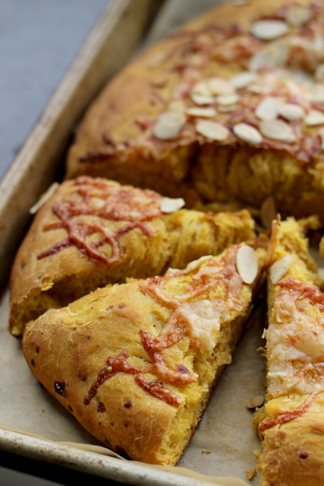 pumpkin focaccia with gruyere and almonds