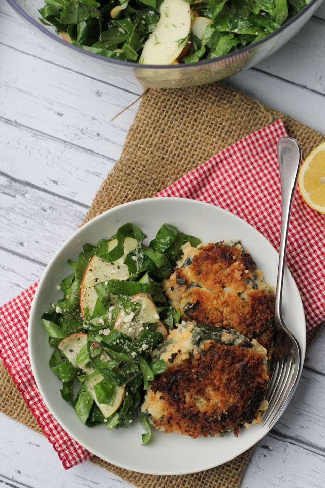 smoky kale and potato cakes and red kale salad with quick-pickled apples from Eats Well With Others