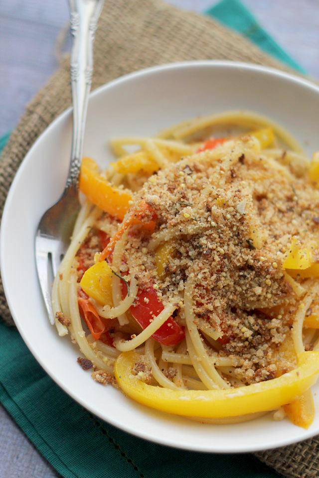 bucatini peperonata with toasted rosemary breadcrumbs