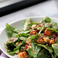 crispy quinoa and power greens salad with smoky meyer lemon vinaigrette