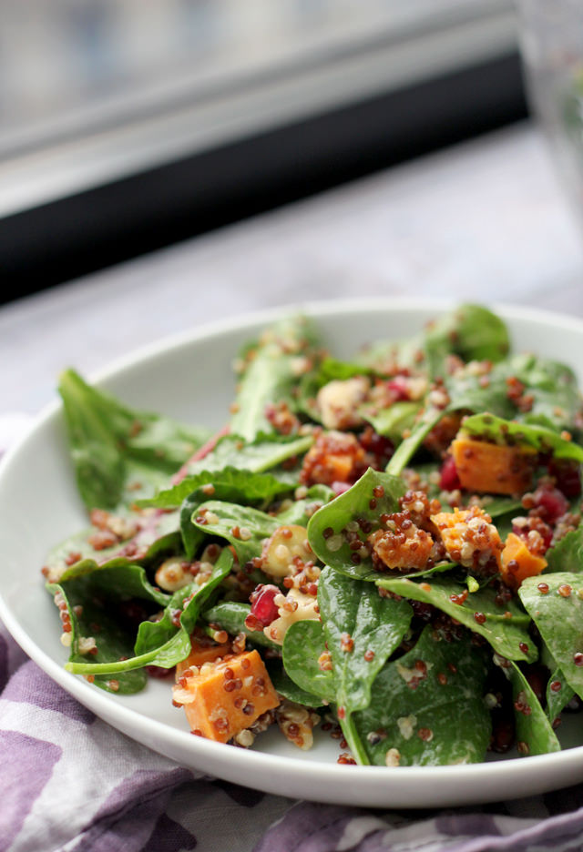 crispy quinoa and power greens salad with smoky meyer lemon vinaigrette