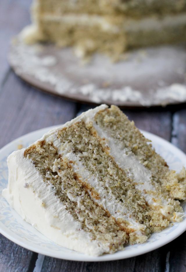 Dark chocolate pistachio layer cake with buttercream frosting.