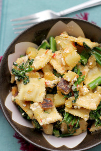 ravioli salad with broccolini, sweet potatoes, feta and harissa