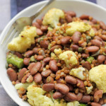 roasted cauliflower, asparagus, and wheat berry bowl with caper vinaigrette
