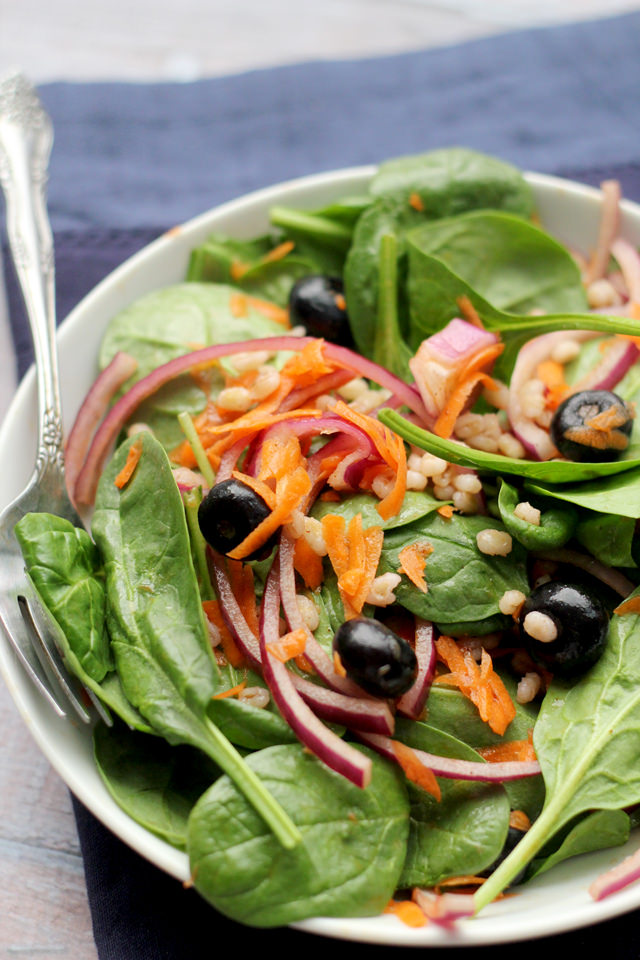 spinach salad with barley and cinnamon vinaigrette