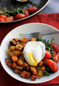 two-potato hash with poached eggs and greens