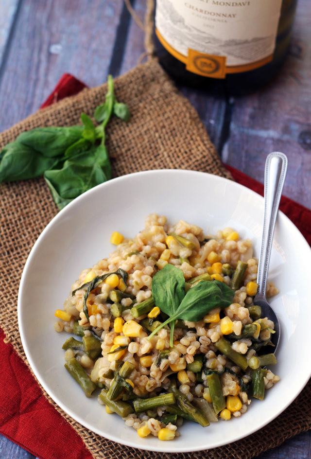 corn, asparagus, and basil barley risotto