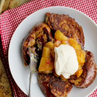 french toast with rhubarb mango compote and creme fraiche