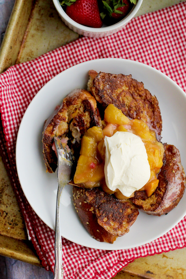 french toast with rhubarb mango compote and creme fraiche