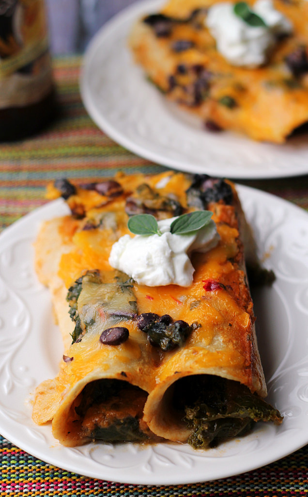 black bean and kale enchiladas with ranchero sauce