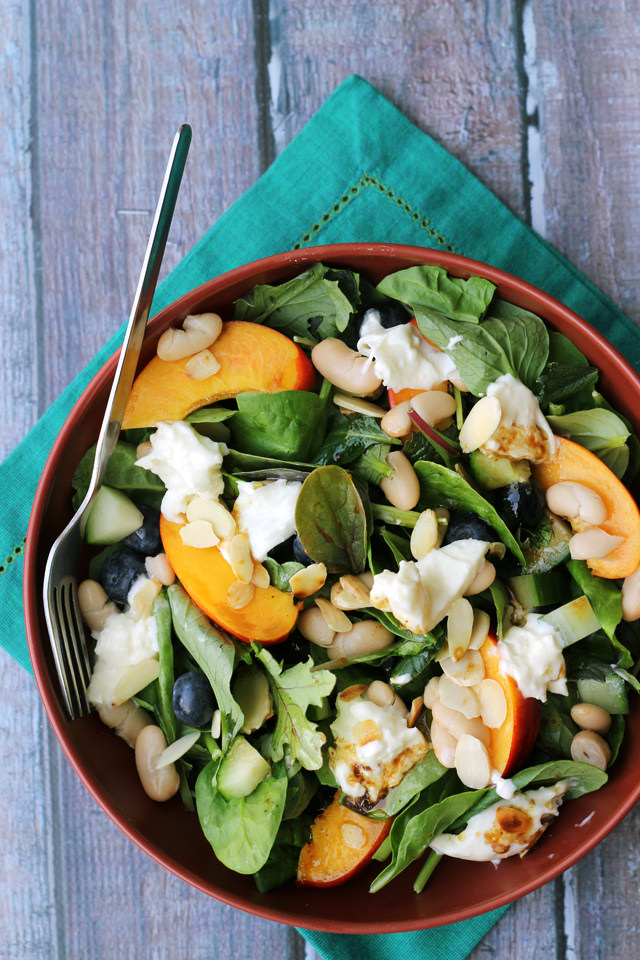 blueberry, nectarine, and burrata salad with maple balsamic vinaigrette