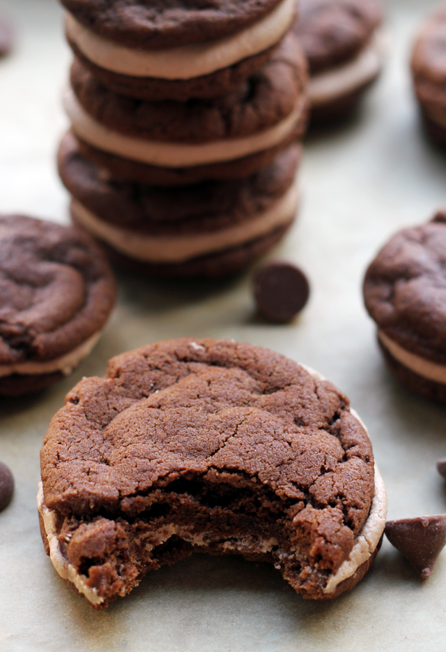 chocolate cookie sandwiches with malted milk chocolate buttercream