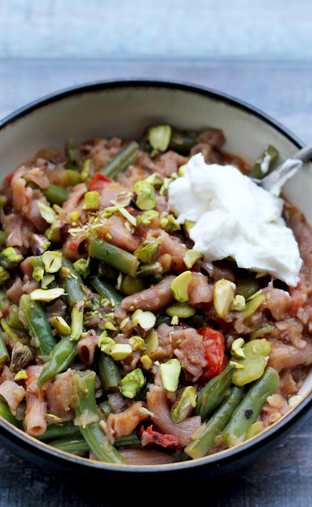 spiced fava bean soup with string beans and tomato