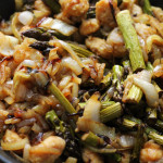 sweet potato gnocchi with balsamic-roasted asparagus and caramelized onions