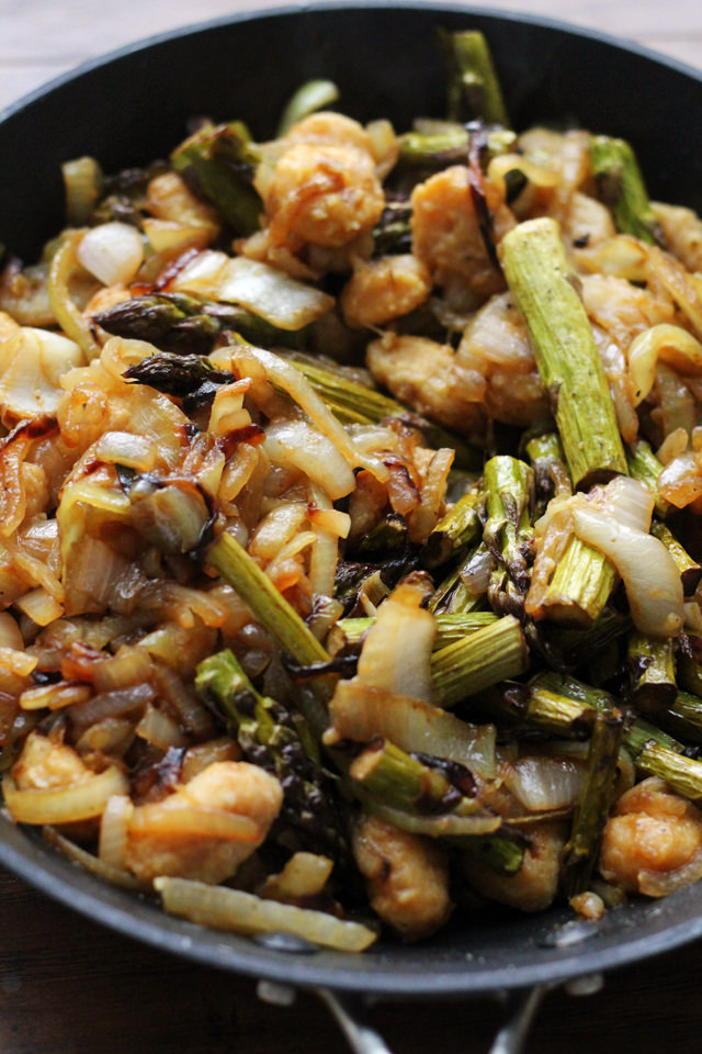 sweet potato gnocchi with balsamic-roasted asparagus and caramelized onions