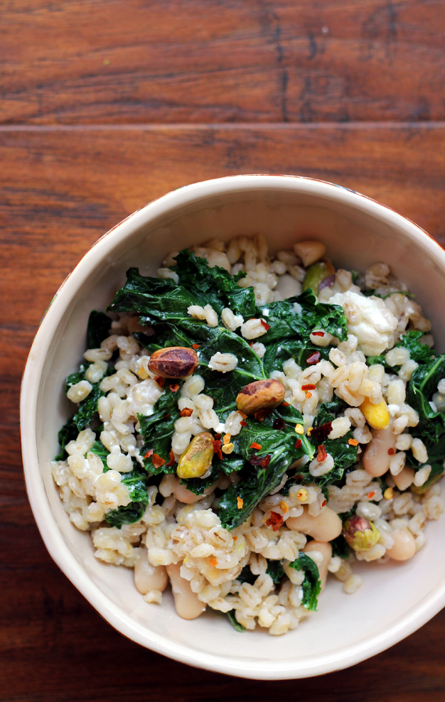 barley salad with kale, pistachios and feta
