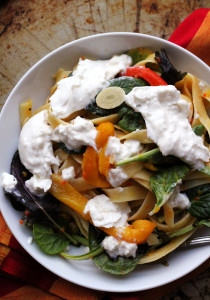 linguine with burrata, greens and sweet pepper sauce