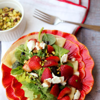 strawberry, pistachio, and goat cheese crepes