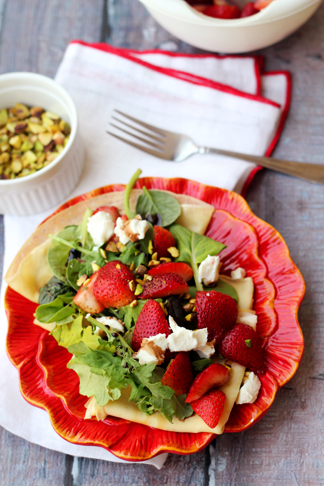 strawberry, pistachio, and goat cheese crepes