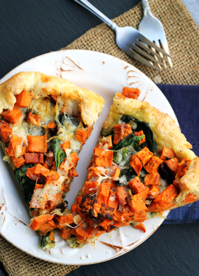 sweet potato, spinach and cheddar galette