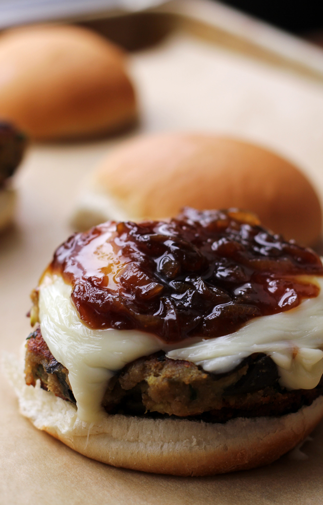 eggplant burgers with honey beer-glazed caramelized shallots