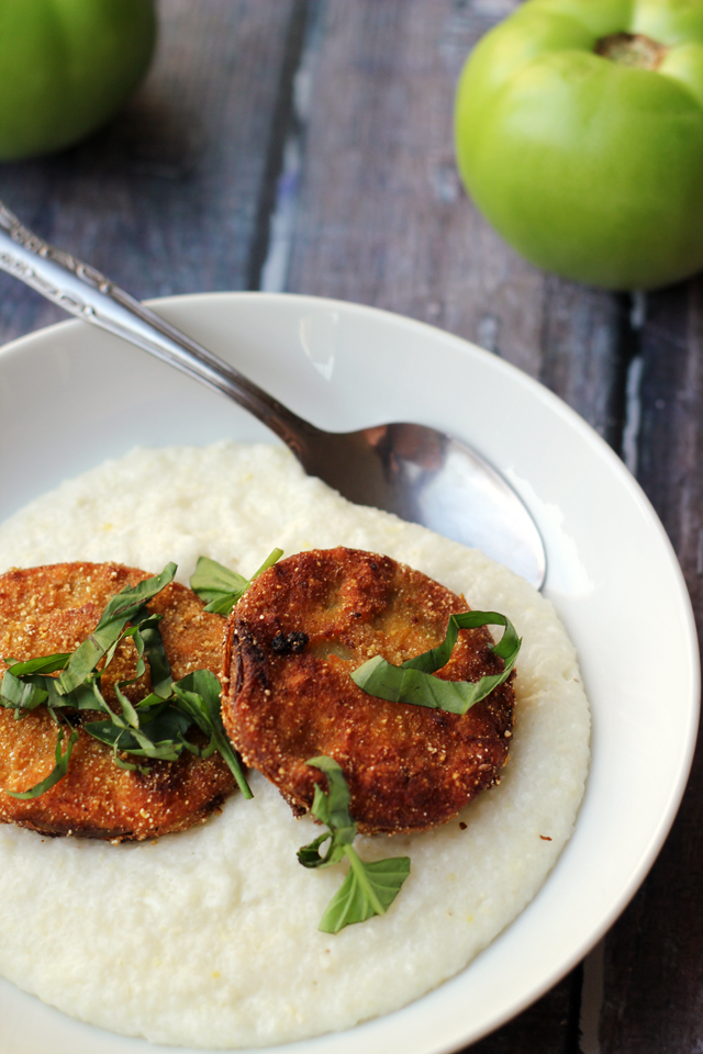 fried green tomatoes over basil-goat cheese grits