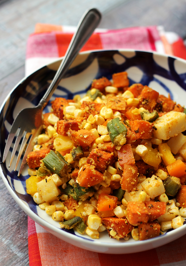 cajun sweet potato salad with cornmeal-crusted okra, corn and bell peppers