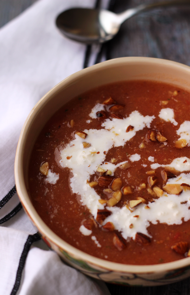 peach watermelon gazpacho with feta crema