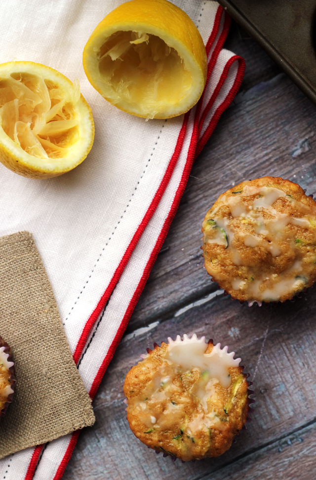 spiced zucchini olive oil muffins with lemon glaze