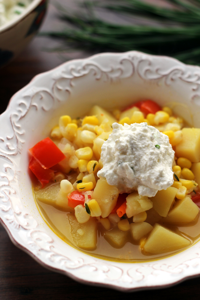 summer vegetable corn chowder with chive ricotta