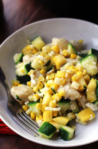 gnocchi with summer squash, corn, basil, and feta