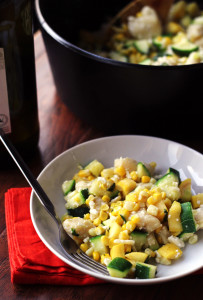 gnocchi with summer squash, corn, basil, and feta