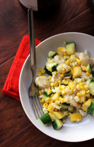 gnocchi with summer squash, corn, basil, and feta