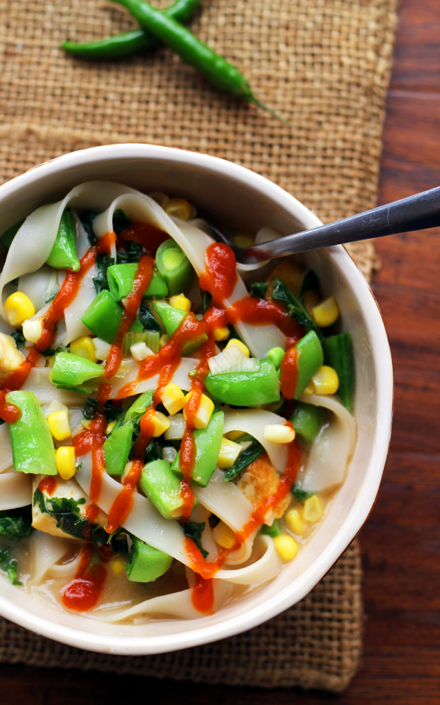 miso noodle soup with corn, kale and snap peas