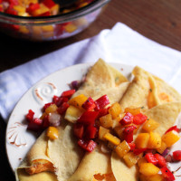 chickpea-rosemary crepes with sweet potatoes and goat cheese