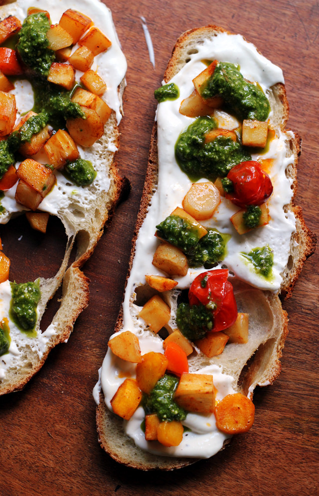 honey chipotle-roasted parsnip and carrot crostini with whipped ricotta and pesto