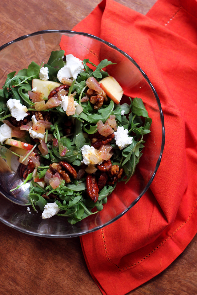 arugula, apple, candied pecan, and goat cheese salad with cider vinaigrette