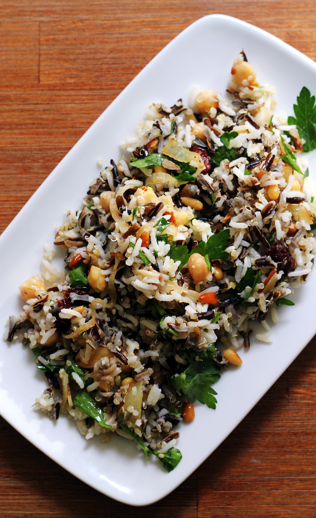 rice salad with nuts, chickpeas, and sour cherries