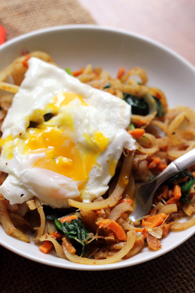 sumac-spiced spaghetti squash and two-potato hash