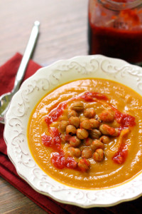 carrot, squash, and coriander soup with crunchy harissa chickpeas