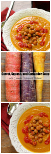carrot, squash, and coriander soup with crunchy harissa chickpeas