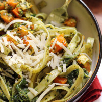 fettuccine with swiss chard pistachio pesto and butternut squash