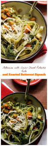 fettuccine with swiss chard pistachio pesto and roasted butternut squash