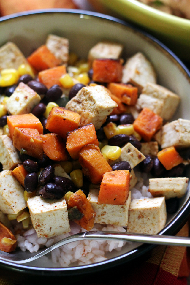 Tofu, Sweet Potato, and Black Bean Vegetarian Burrito Bowls