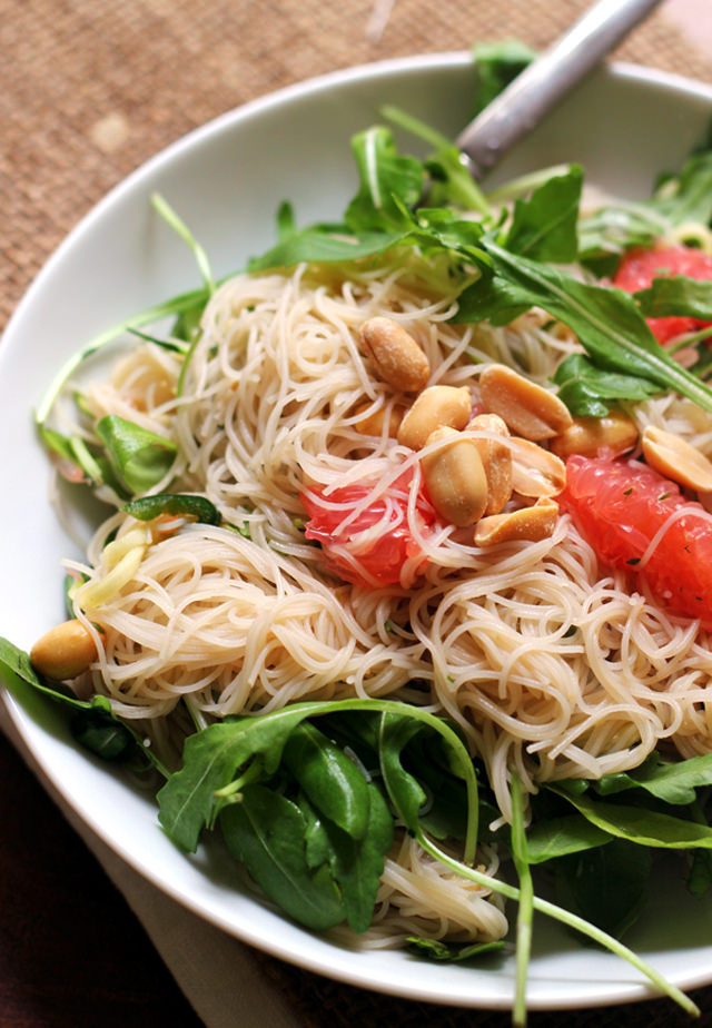 A fresh and light Thai-inspired spicy rice noodle salad with grapefruit and...