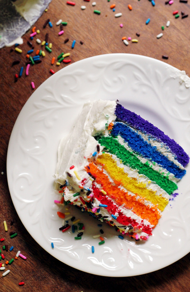 Rainbow Cake Recipe with Marshmallow Clouds and Gold Sprinkles!