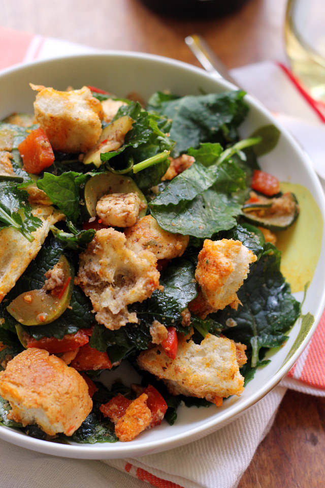 zucchini, bell pepper, and halloumi panzanella